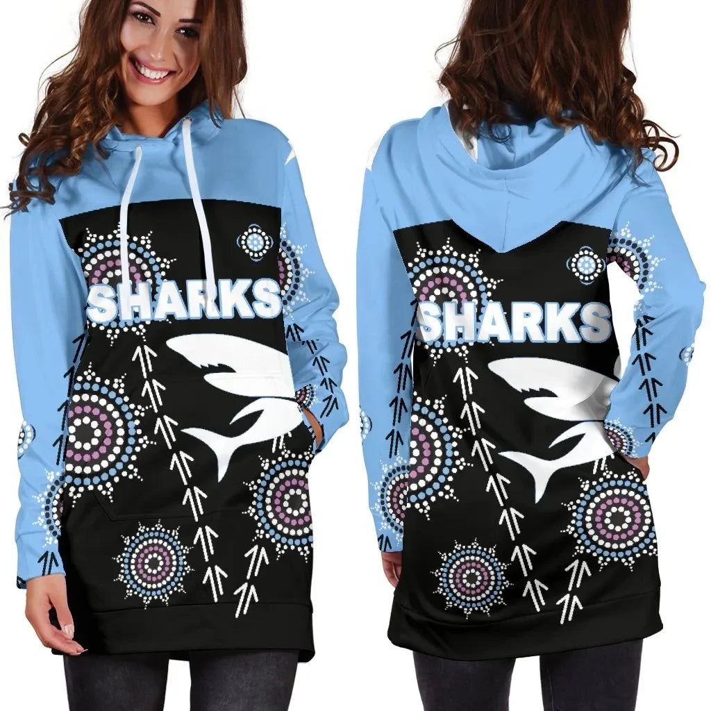 Cronulla Women's Hoodie Dress Sharks Simple Indigenous Black