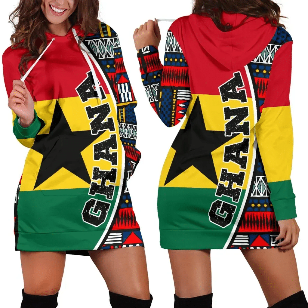 Ghana Women's Hoodie Dress Flag & Kente Pattern Special