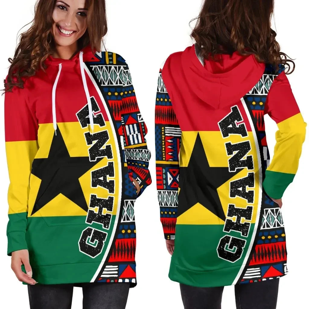 Ghana Women's Hoodie Dress Flag & Kente Pattern Special