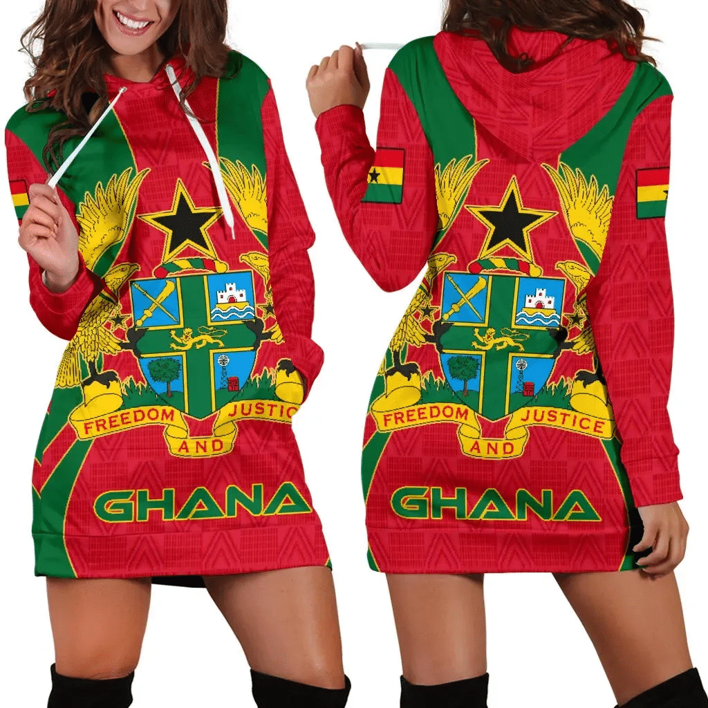 Ghana Women's Hoodie Dress Kente Pattern Coat Of Arms B