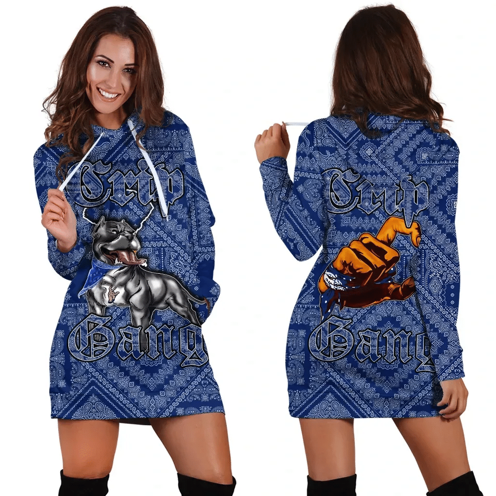 Crips Gang Bulldog Hoodie Dress Blue Paisley