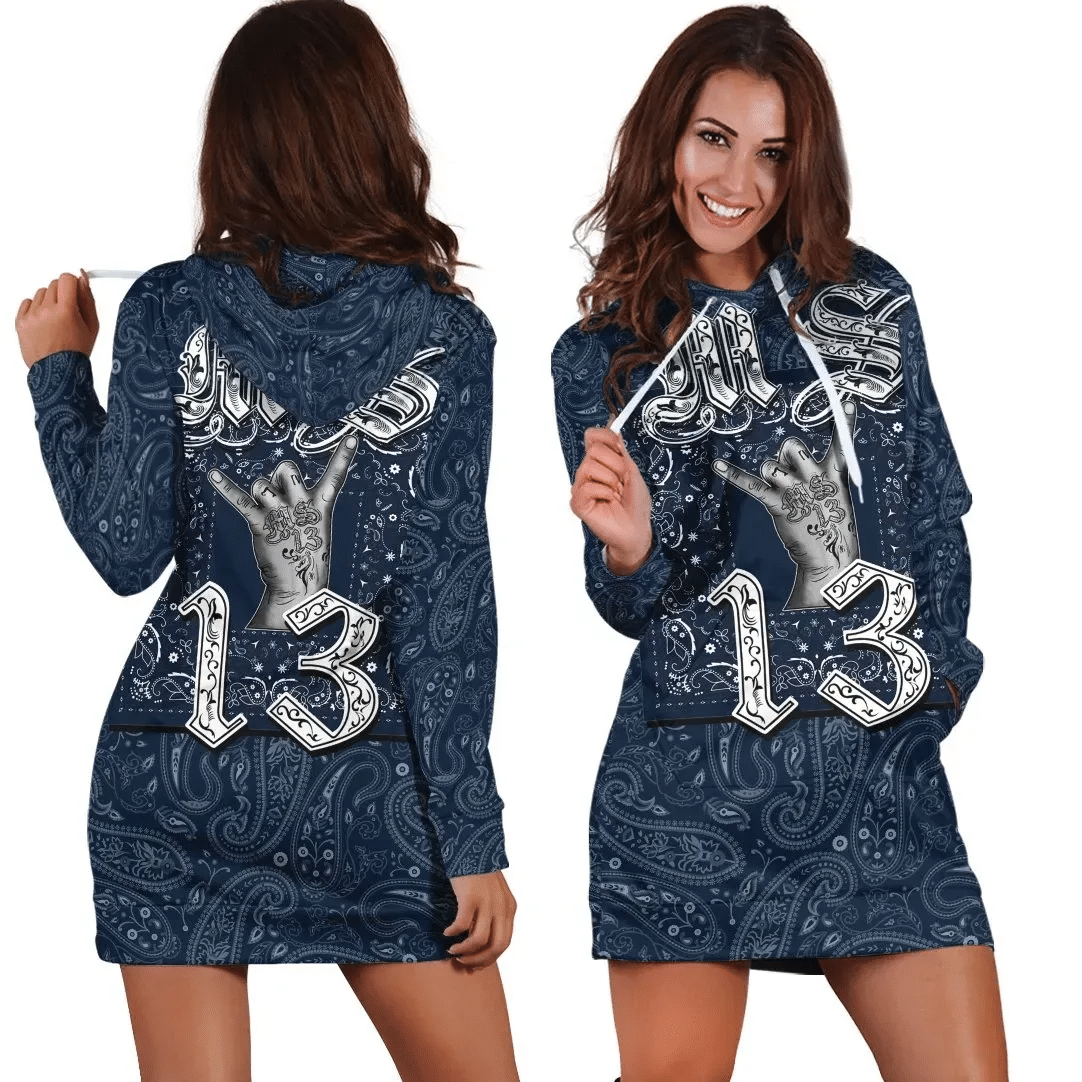 MS13 Gang Hoodie Dress Blue Bandana Pattern