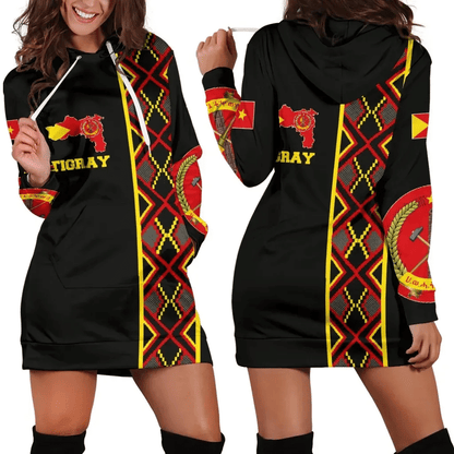 Tigray Hoodie Dress, Tigray Maps Africa Pattern Black