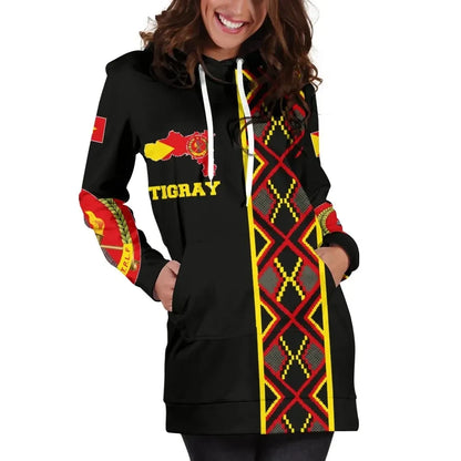 Tigray Hoodie Dress, Tigray Maps Africa Pattern Black