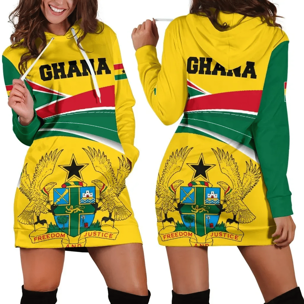 Ghana Hoodie Dress, Ghana Strong Coat of Arms Women Green