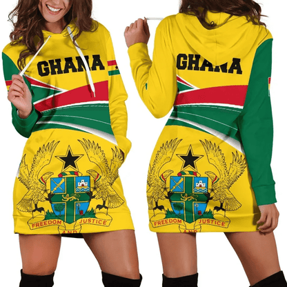 Ghana Hoodie Dress, Ghana Strong Coat of Arms Women Green