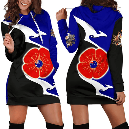 Australia Anzac Hoodie Dress Lest We Forget Poppy Map Kangaroo Blue K4