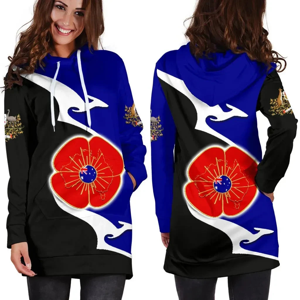 Australia Anzac Hoodie Dress Lest We Forget Poppy Map Kangaroo Blue K4