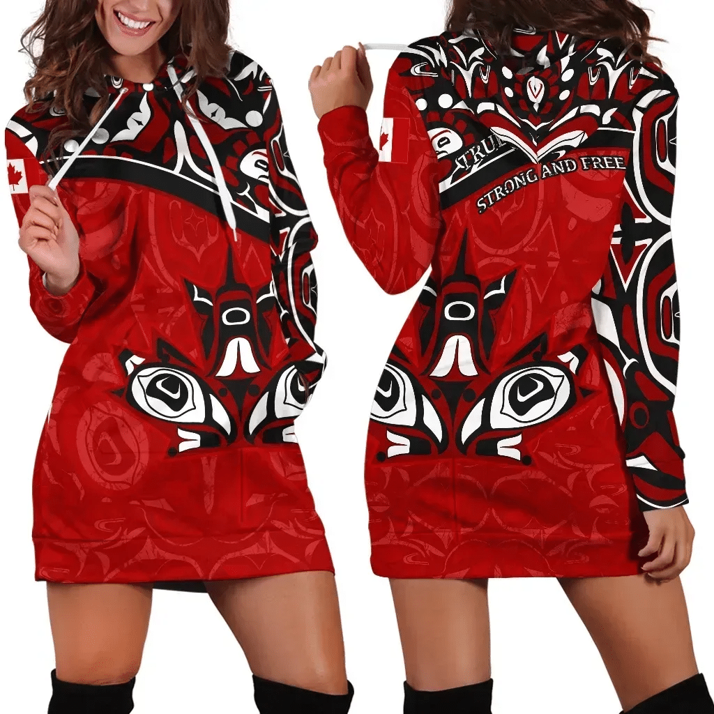 Canada Day Hoodie Dresses Haida Maple Leaf Style Tattoo Red