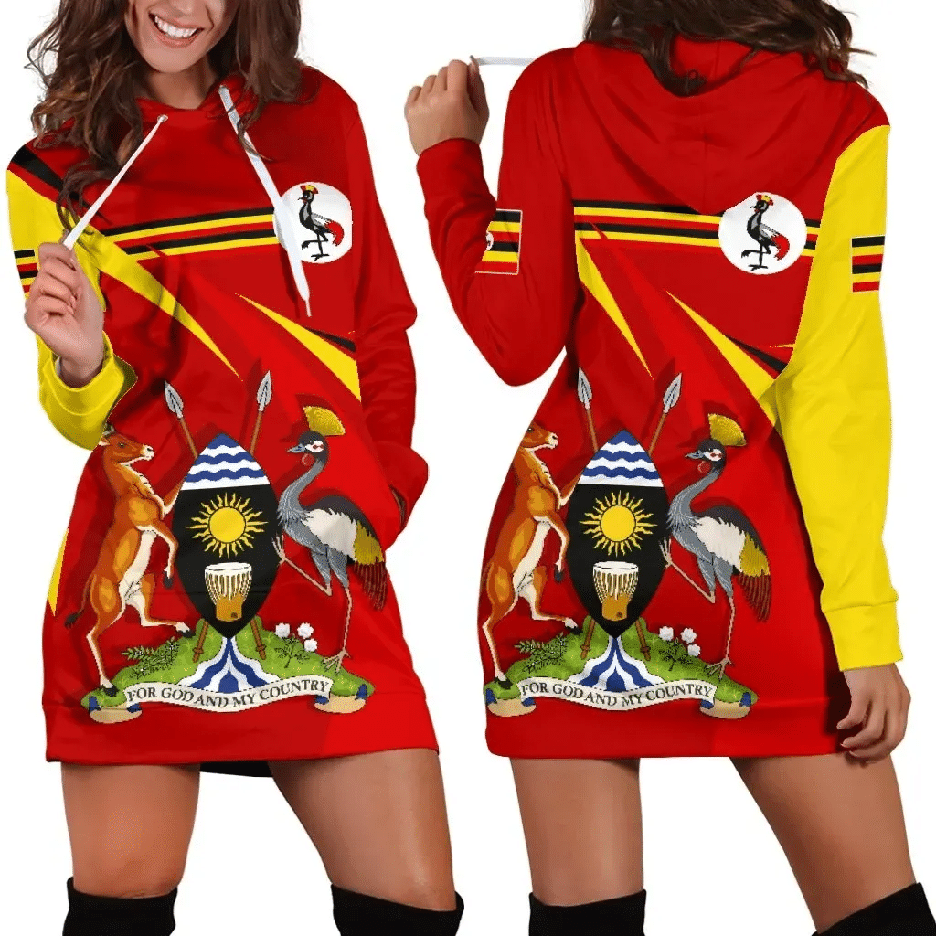 Uganda Women's Hoodie Dress, Uganda Swirly Flag Coat Of Arms