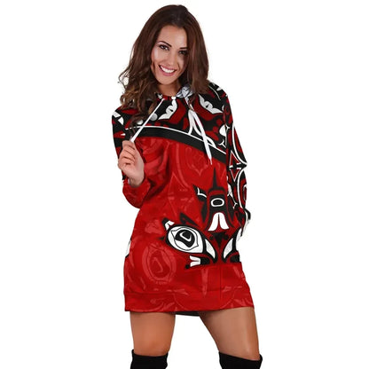 Canada Day Hoodie Dresses Haida Maple Leaf Style Tattoo Red