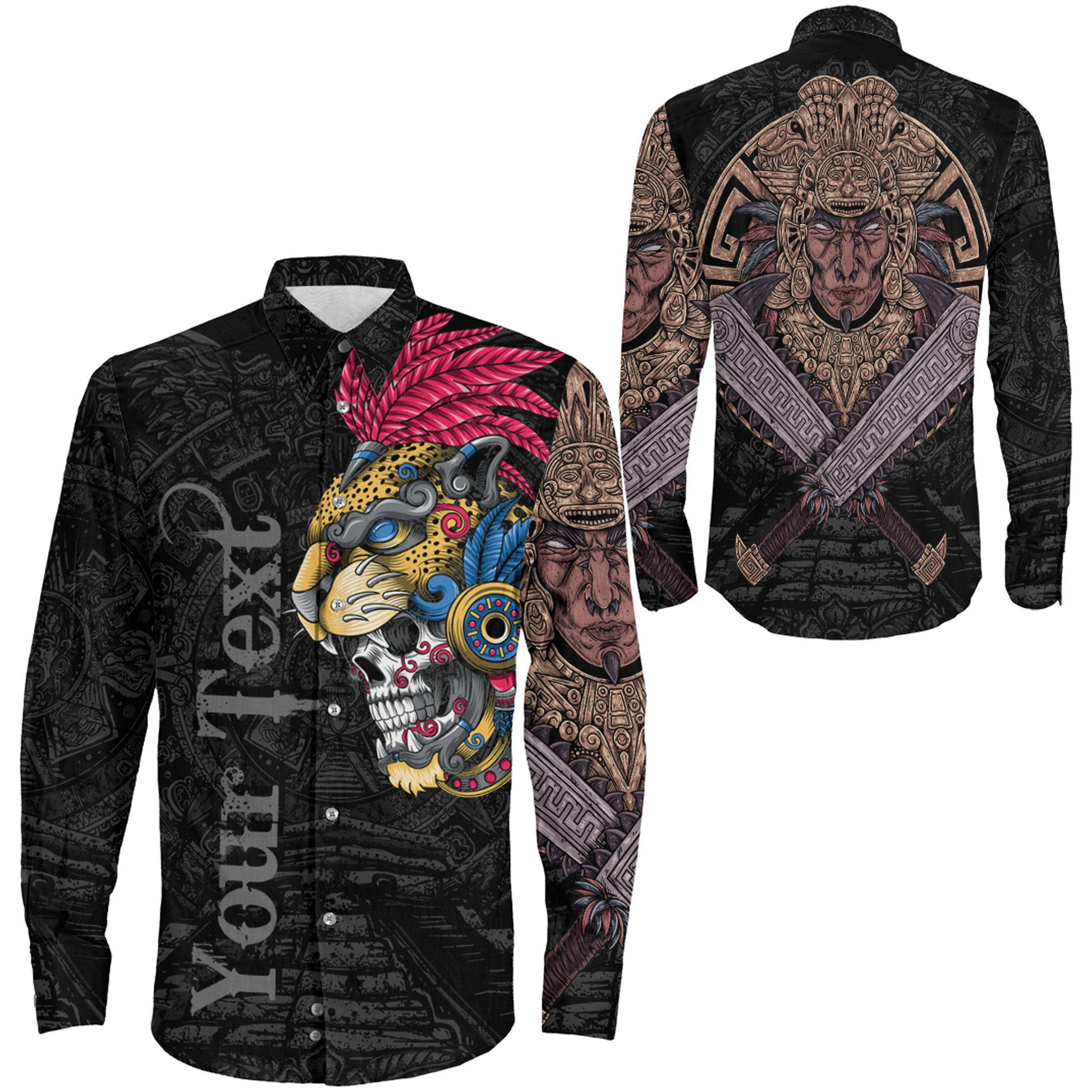 Clothing Custom Mexico Jaguar Aztec Skull Warrior Long Sleeve Button Shirt