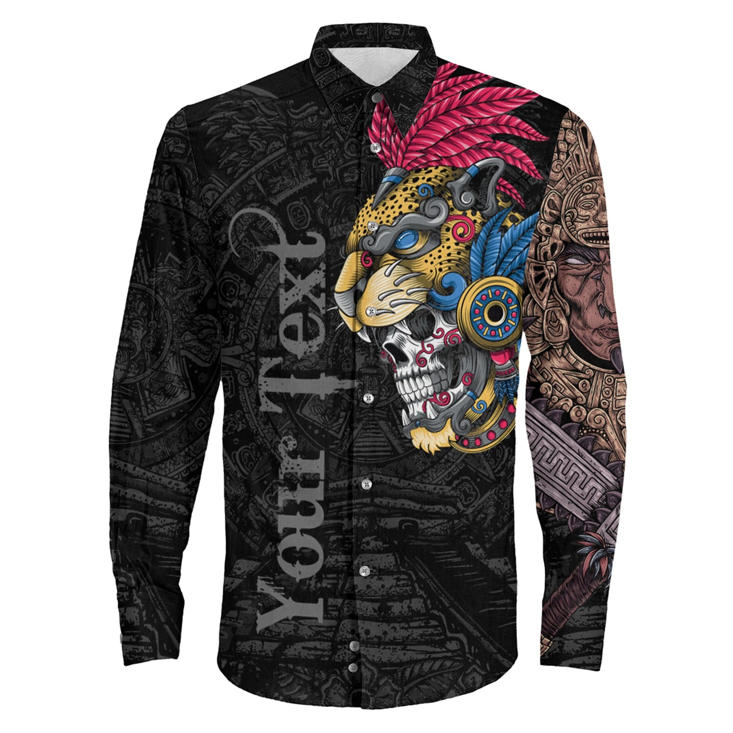 Clothing Custom Mexico Jaguar Aztec Skull Warrior Long Sleeve Button Shirt