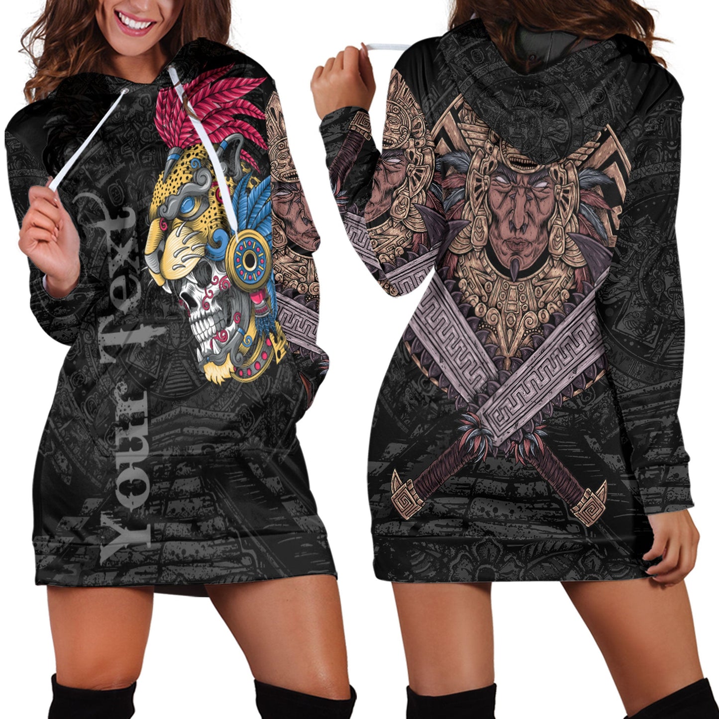 Clothing Custom Mexico Jaguar Aztec Skull Warrior Hoodie Dress