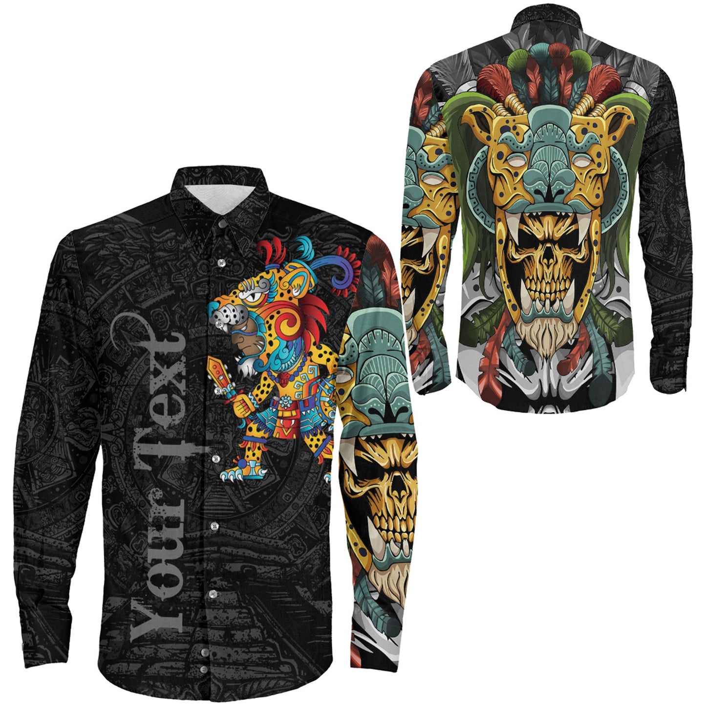 Clothing Custom Mexico Aztec Jaguar Warrior Long Sleeve Button Shirt