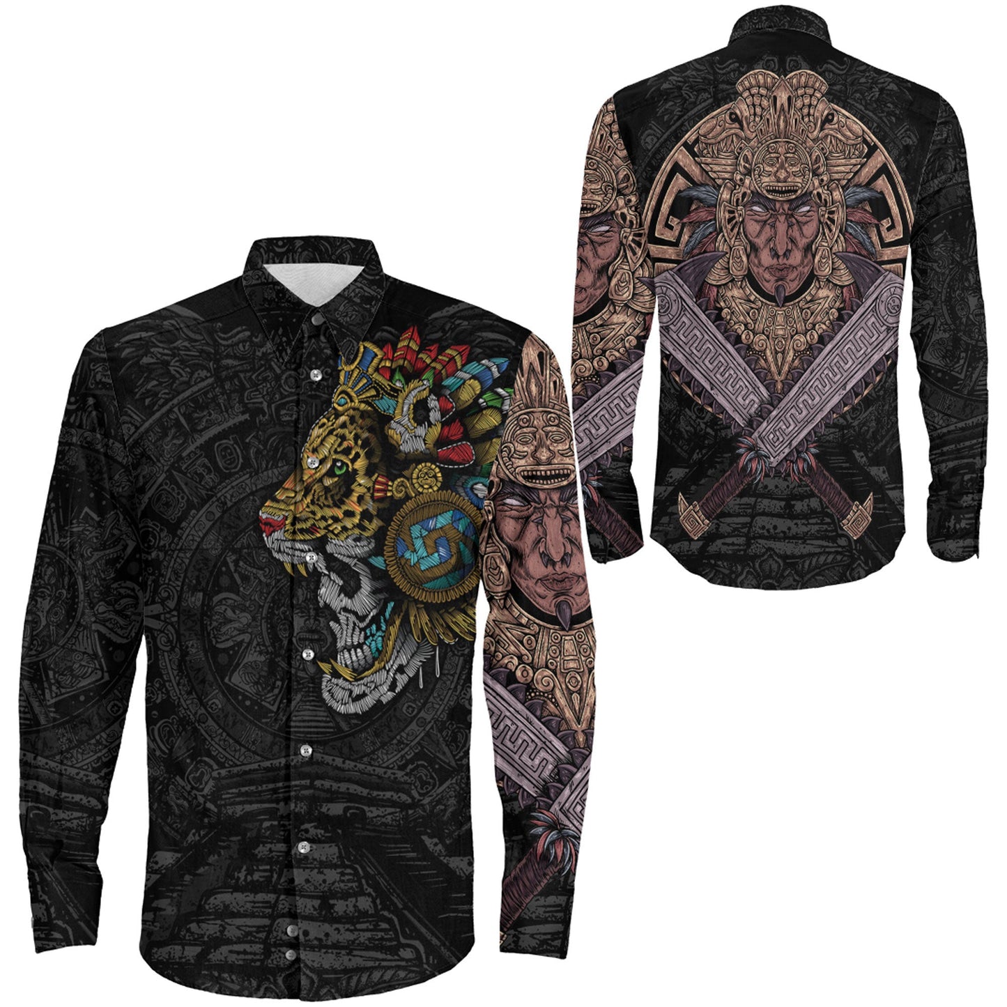 Clothing Mexico Skull Jaguar Warrior Aztec Long Sleeve Button Shirt