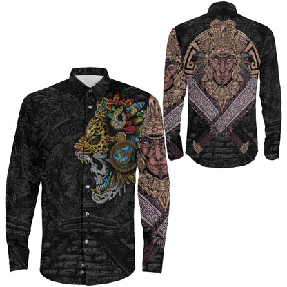 Clothing Mexico Skull Jaguar Warrior Aztec Long Sleeve Button Shirt