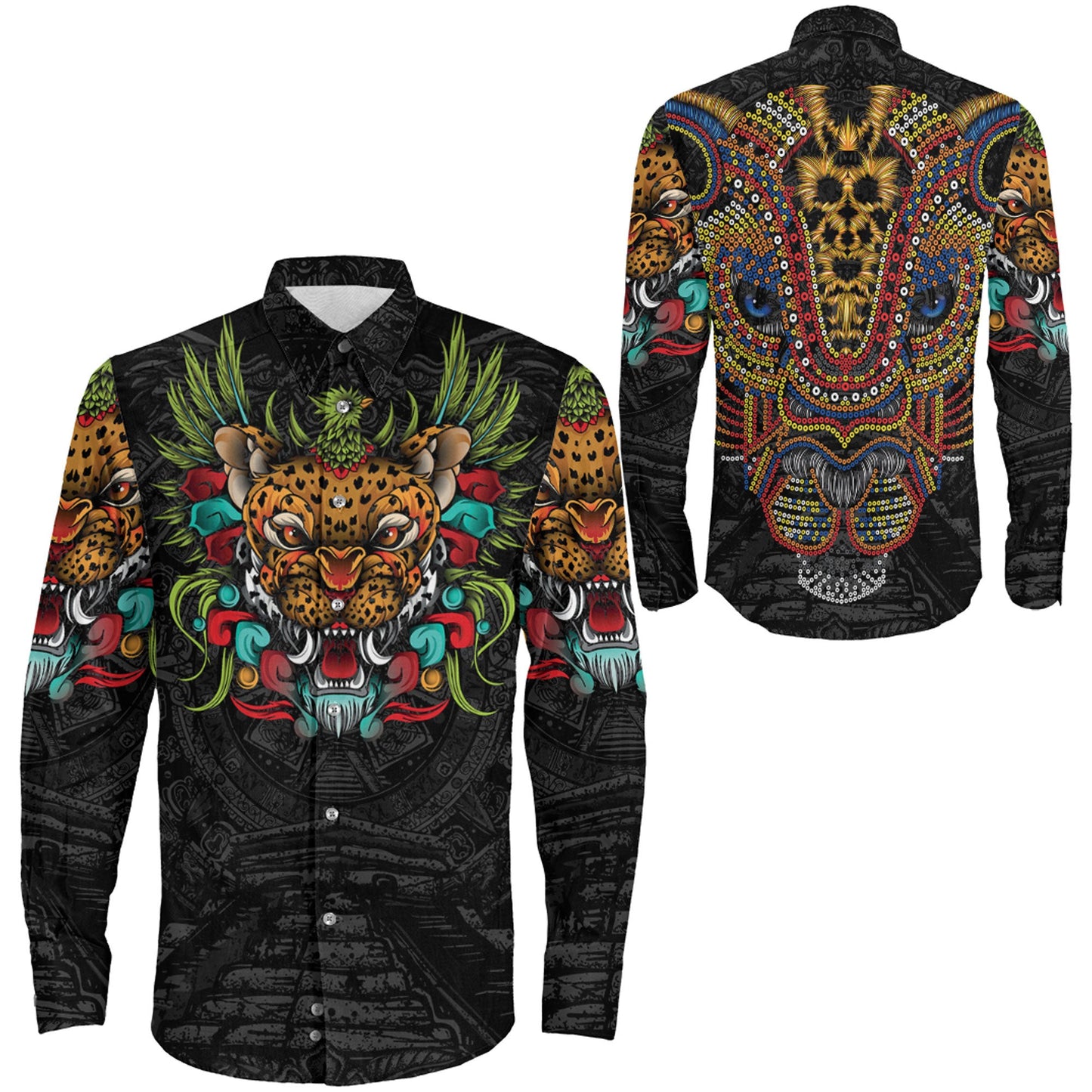 Clothing Mexico Jaguar Warrior Aztec Long Sleeve Button Shirt