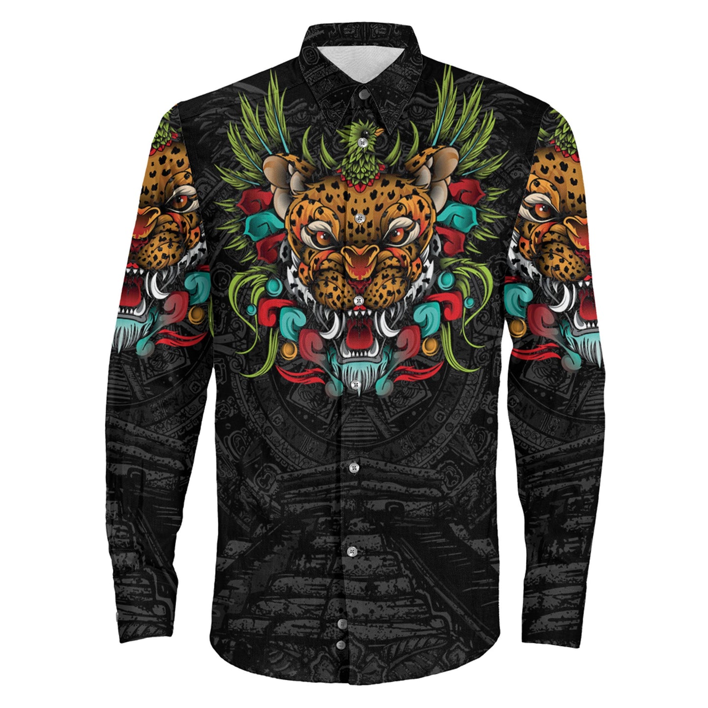 Clothing Mexico Jaguar Warrior Aztec Long Sleeve Button Shirt