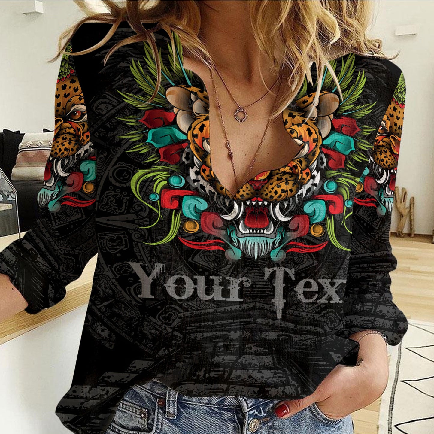 Clothing Custom Mexico Jaguar Warrior Aztec Women Casual Shirt