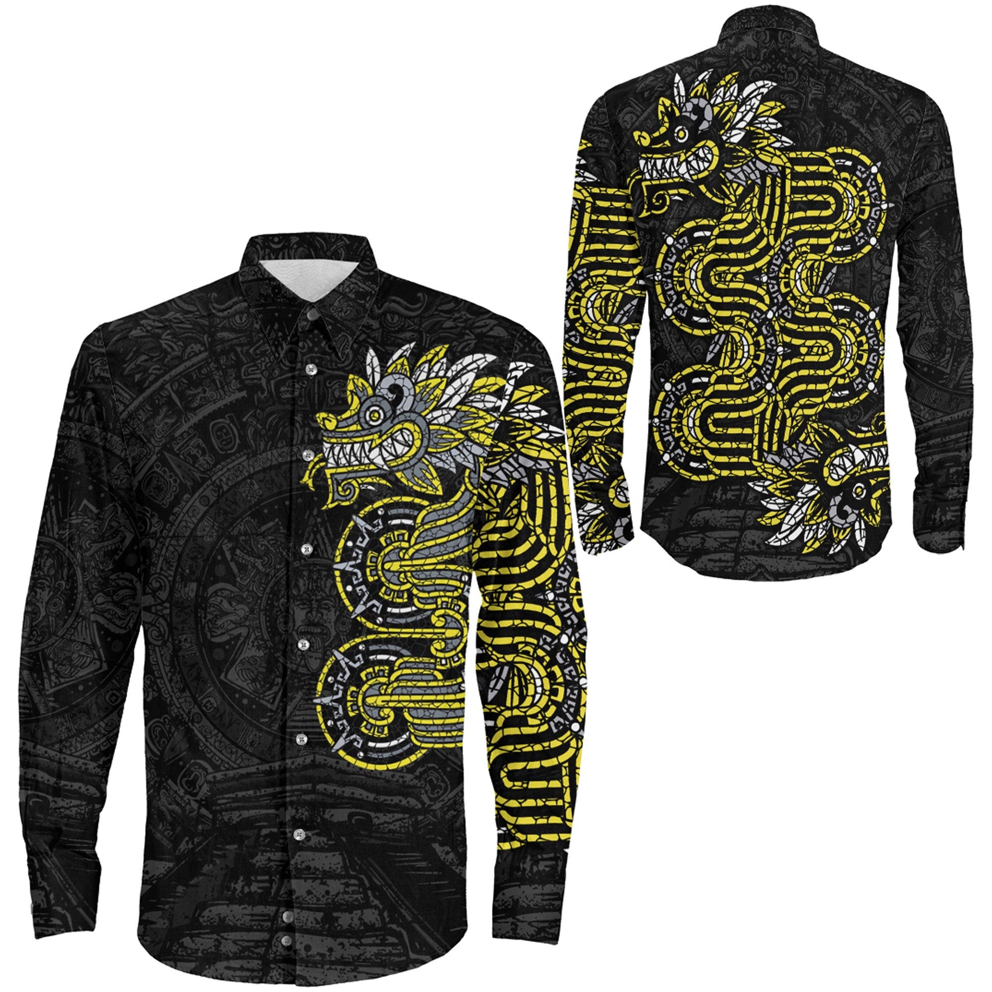 Clothing Mexico Quetzalcoatl Mexican God Aztec Gold Version Long Sleeve Button Shirt