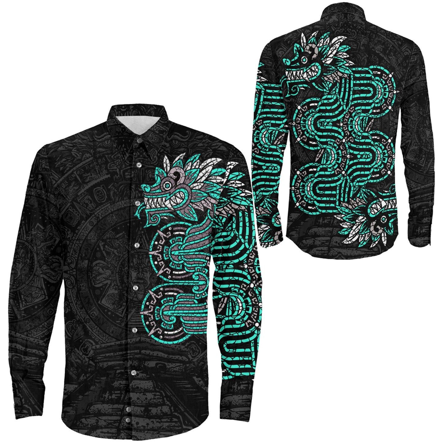 Clothing Mexico Quetzalcoatl Mexican God Aztec Cyan Version Long Sleeve Button Shirt