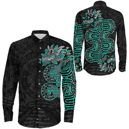 Clothing Mexico Quetzalcoatl Mexican God Aztec Cyan Version Long Sleeve Button Shirt