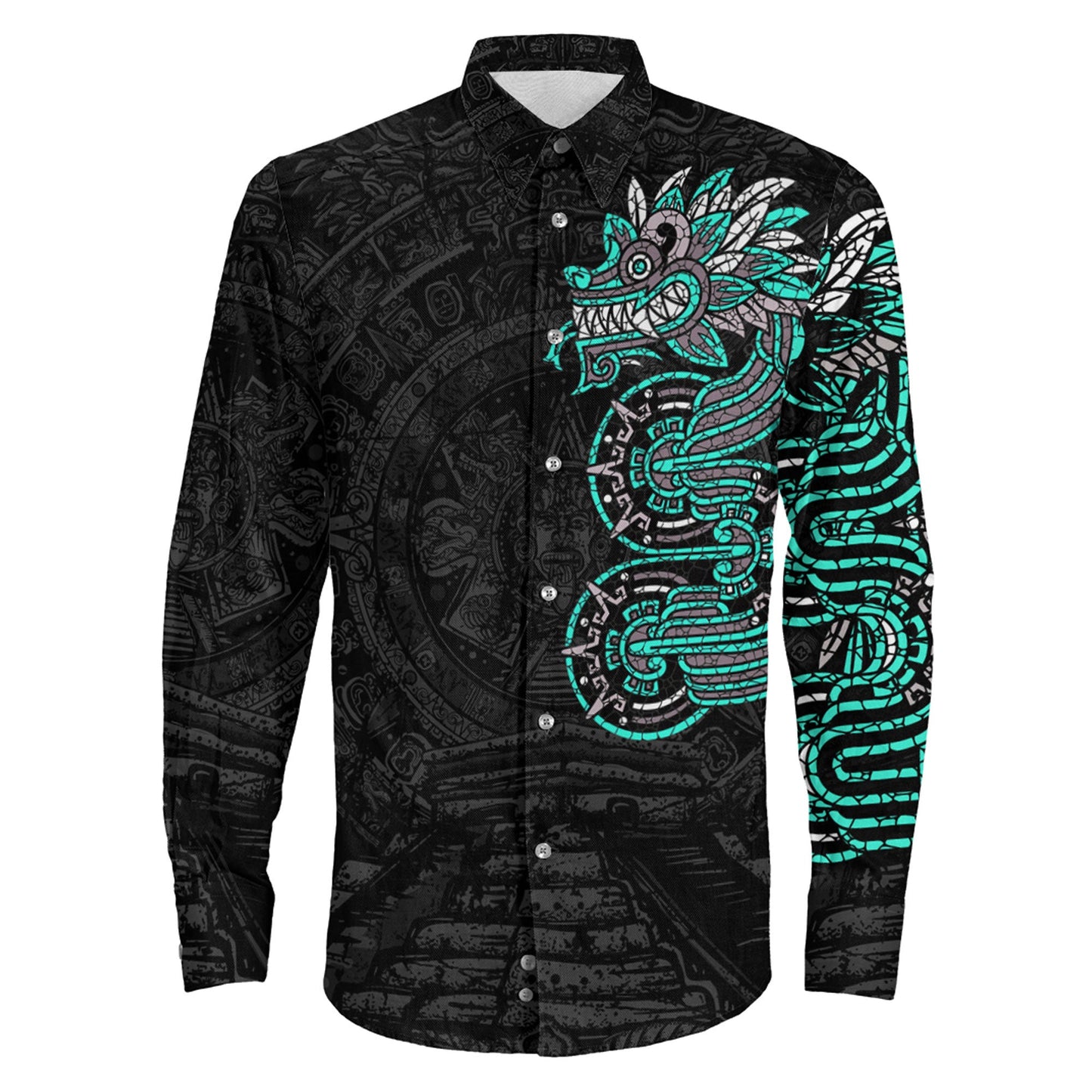 Clothing Mexico Quetzalcoatl Mexican God Aztec Cyan Version Long Sleeve Button Shirt