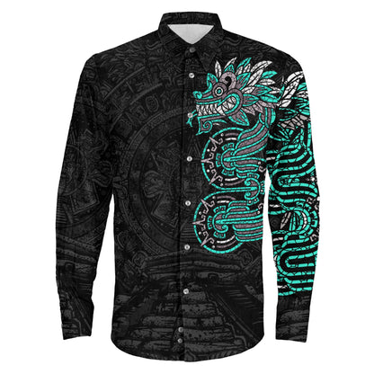 Clothing Mexico Quetzalcoatl Mexican God Aztec Cyan Version Long Sleeve Button Shirt