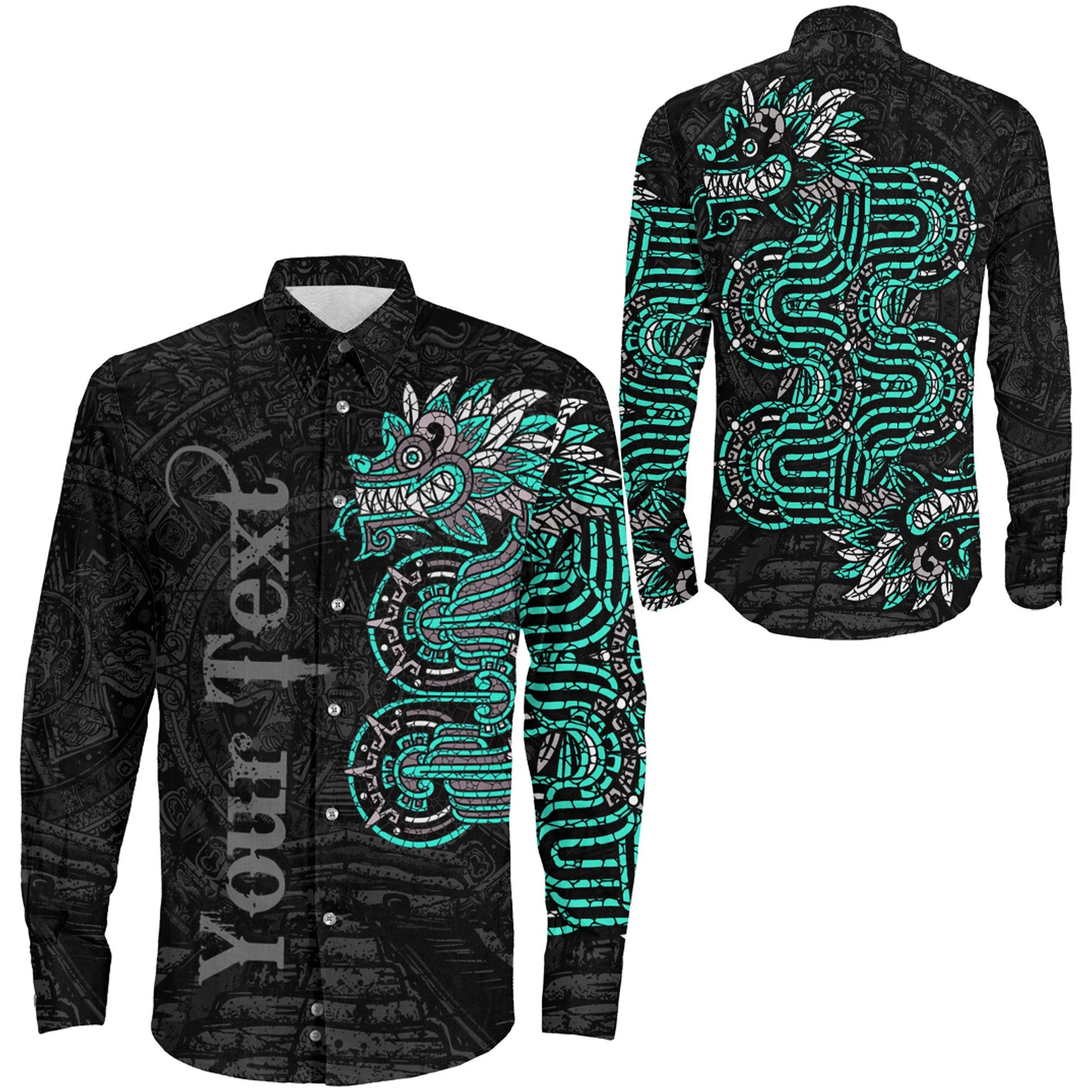 Clothing Custom Mexico Quetzalcoatl Mexican God Aztec Cyan Version Long Sleeve Button Shirt