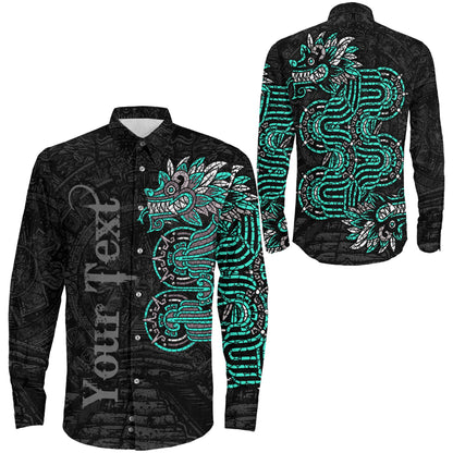 Clothing Custom Mexico Quetzalcoatl Mexican God Aztec Cyan Version Long Sleeve Button Shirt