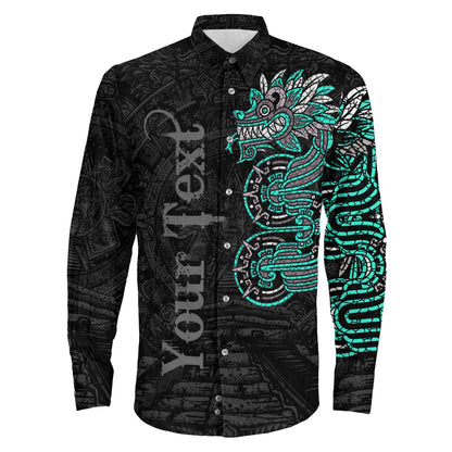 Clothing Custom Mexico Quetzalcoatl Mexican God Aztec Cyan Version Long Sleeve Button Shirt