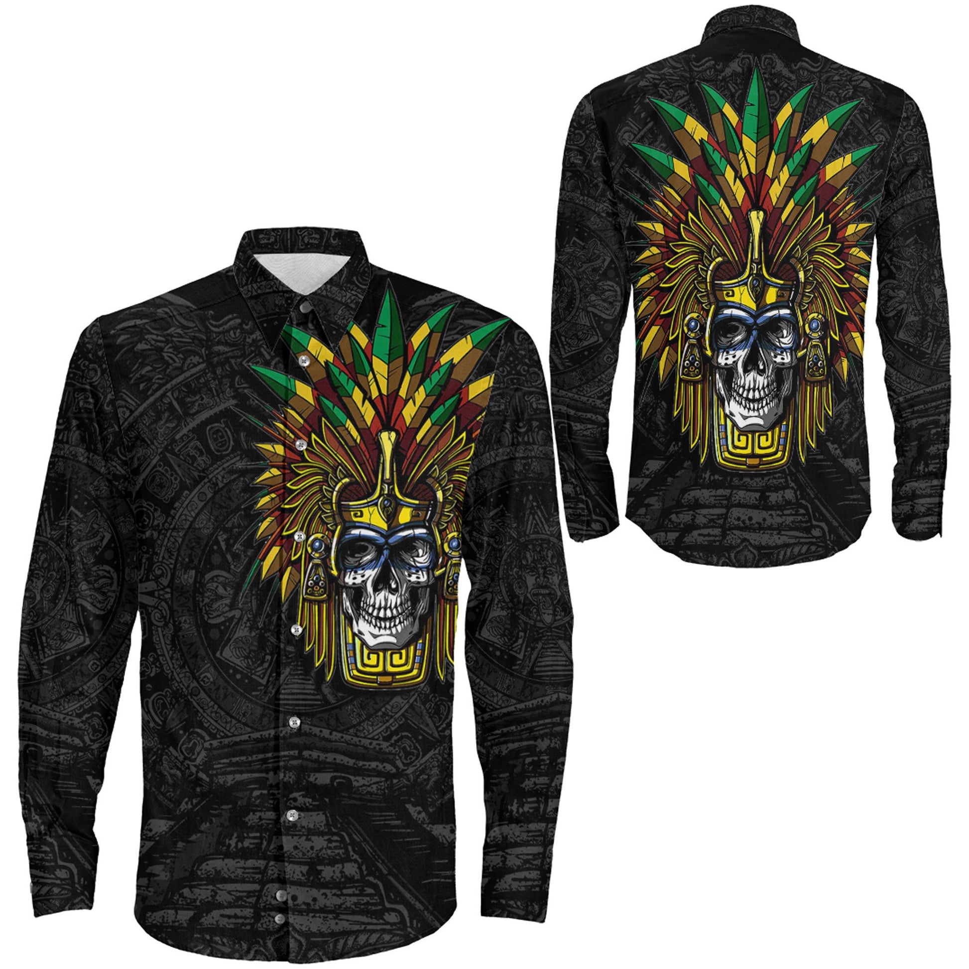 Clothing Aztec Warrior Skull Mask Long Sleeve Button Shirt