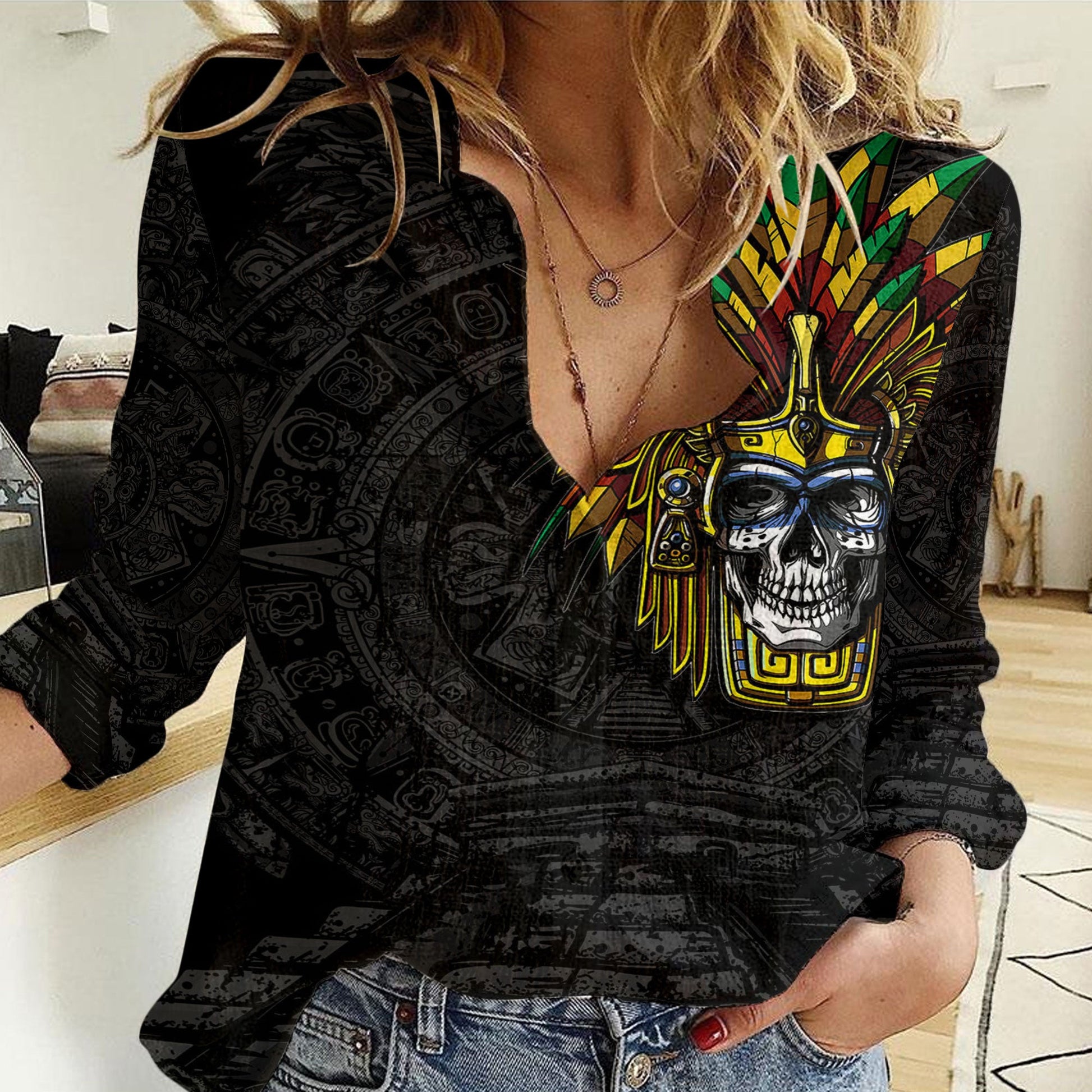 Clothing Aztec Warrior Skull Mask Women Casual Shirt