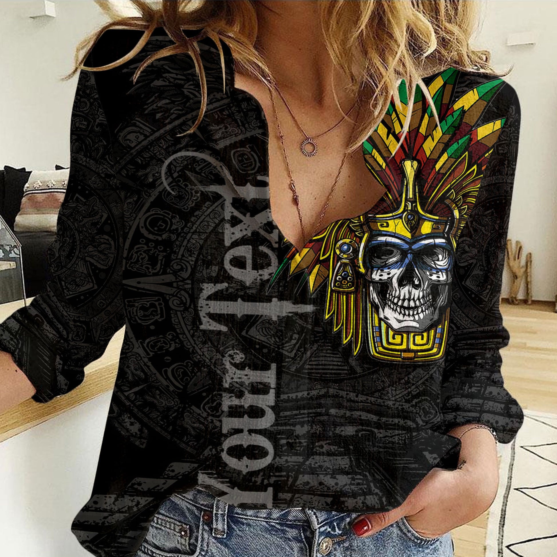 Clothing Custom Aztec Warrior Skull Mask Women Casual Shirt