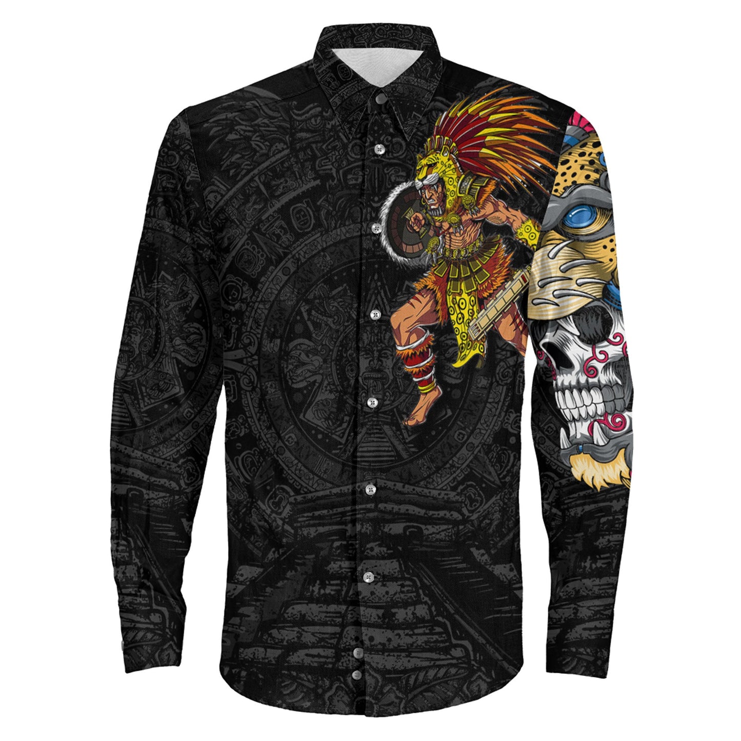 Clothing Mexican Aztec Warrior Jaguar Long Sleeve Button Shirt