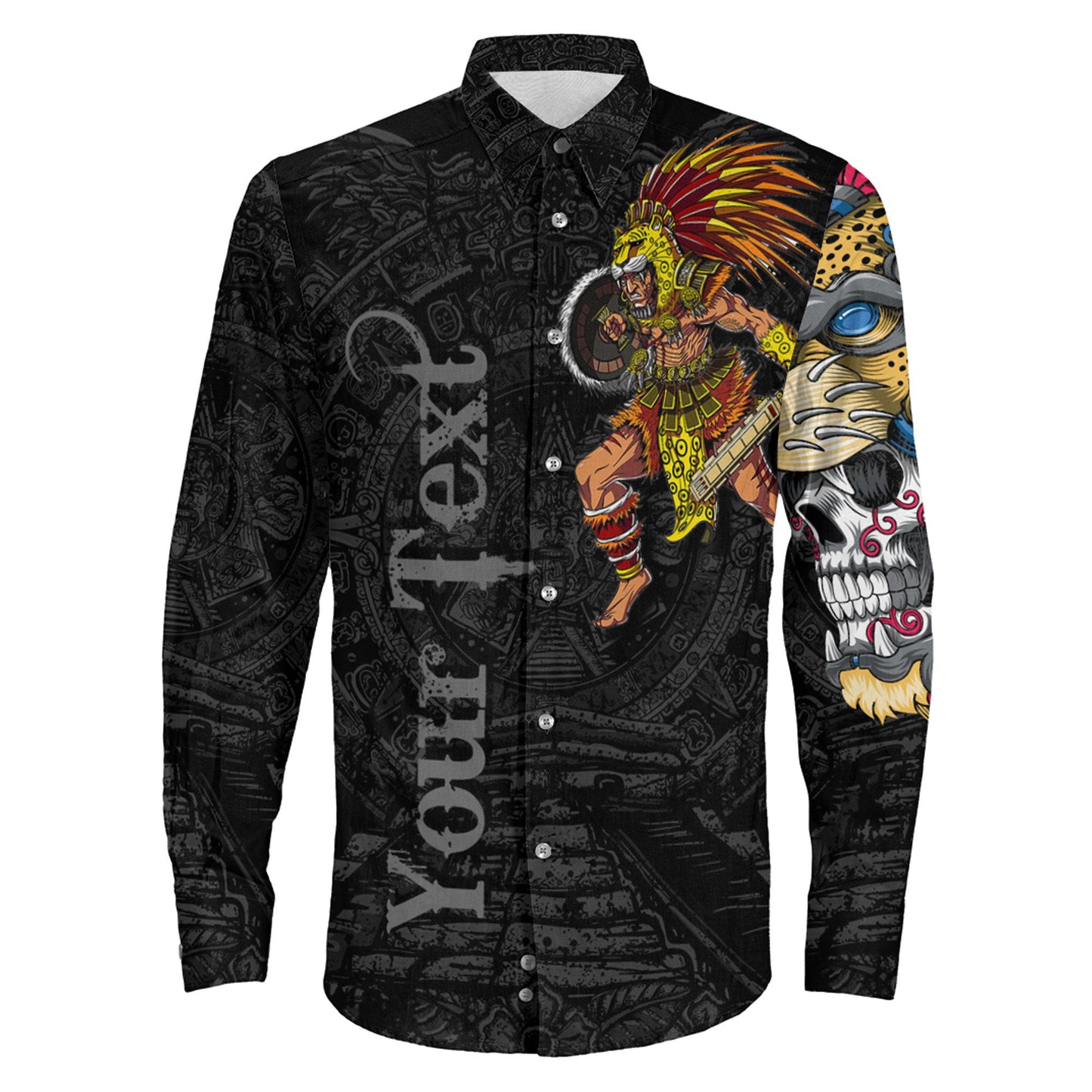 Clothing Custom Mexican Aztec Warrior Jaguar Long Sleeve Button Shirt