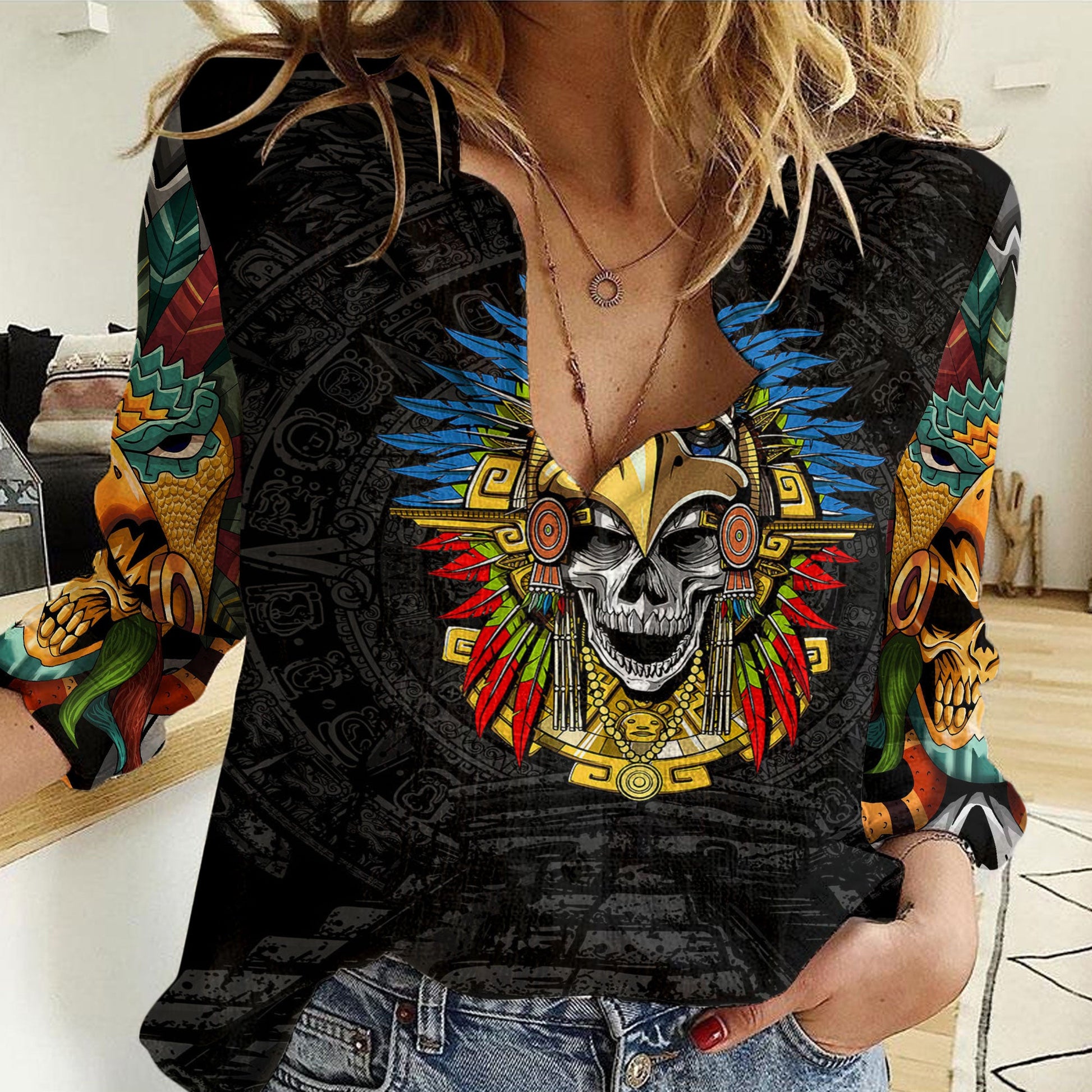 Clothing Aztec Eagle Skull Mask Women Casual Shirt
