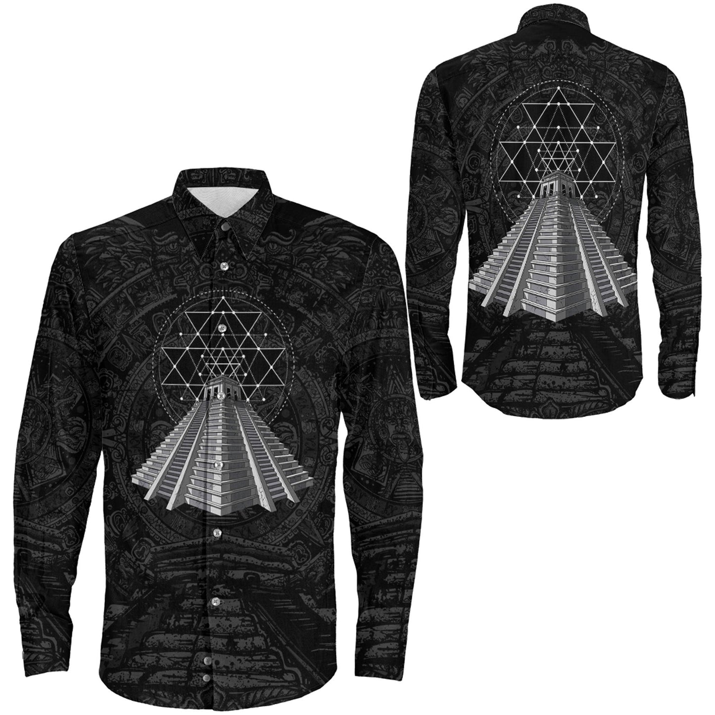 Clothing Ancient Aztec Pyramid Long Sleeve Button Shirt