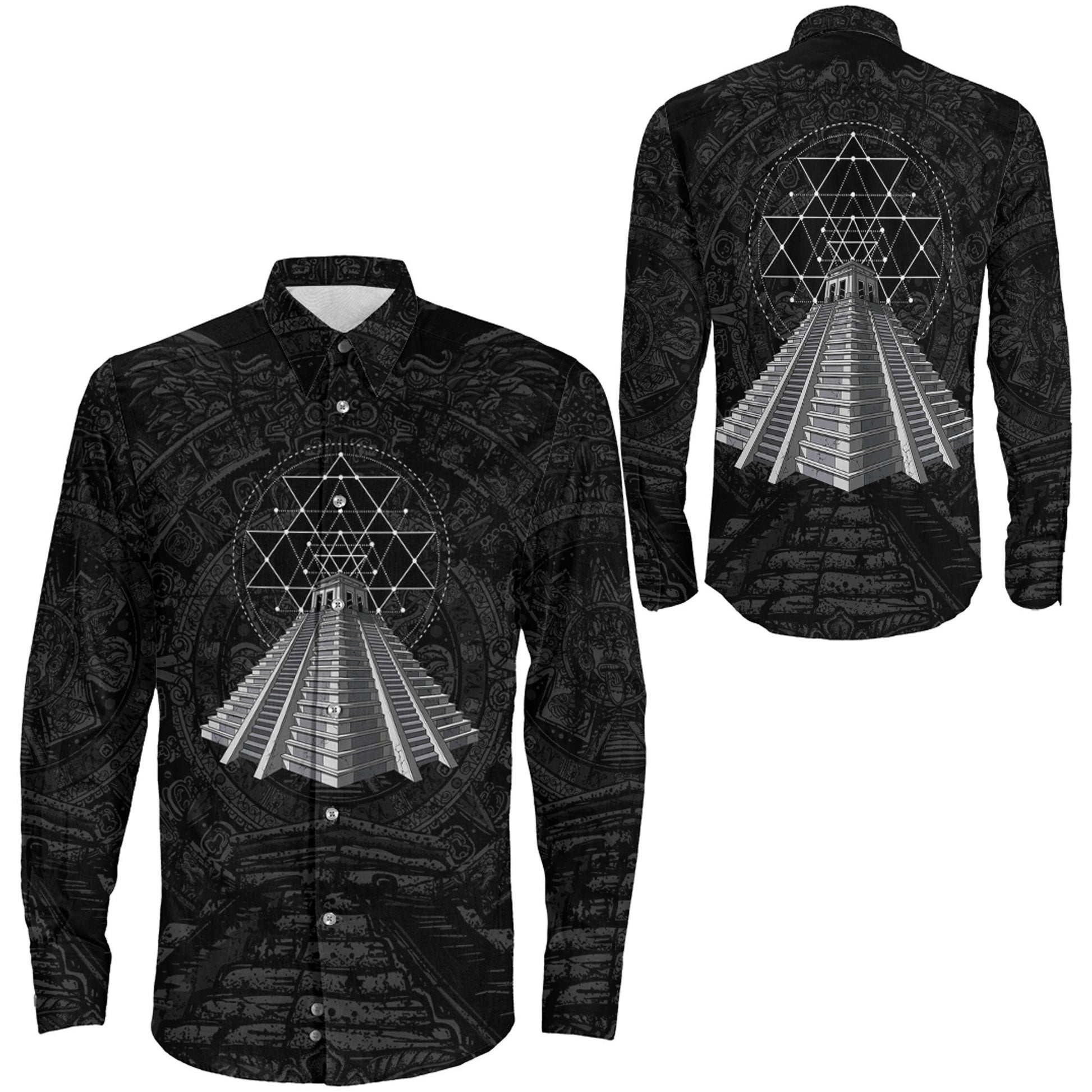 Clothing Ancient Aztec Pyramid Long Sleeve Button Shirt