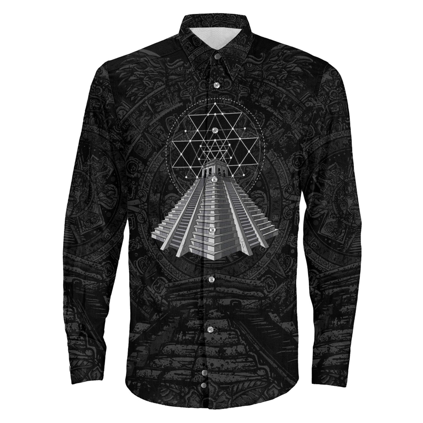 Clothing Ancient Aztec Pyramid Long Sleeve Button Shirt