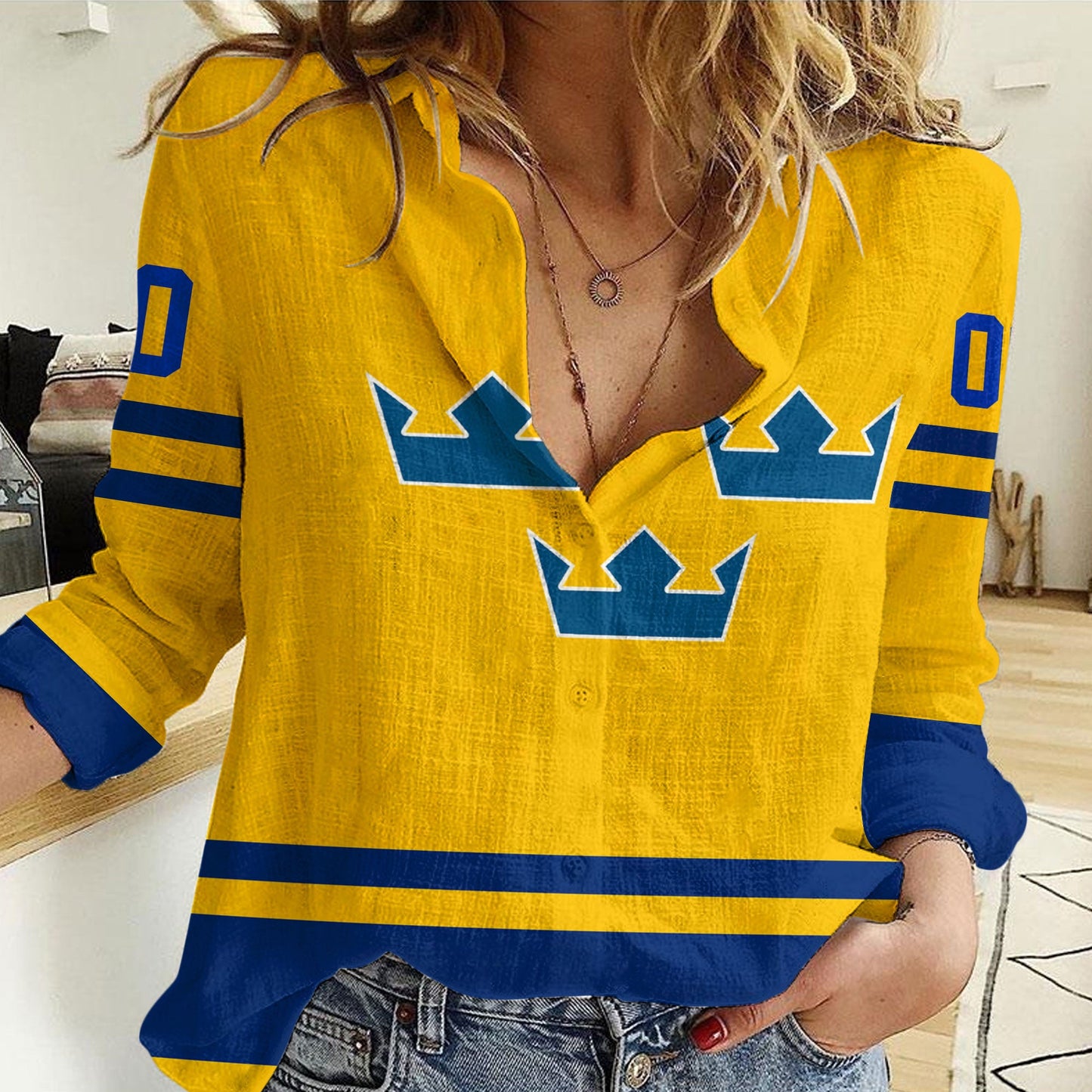 Clothing Custom Sweden Team Hockey Jersey Style Yellow Version Women Casual Shirt