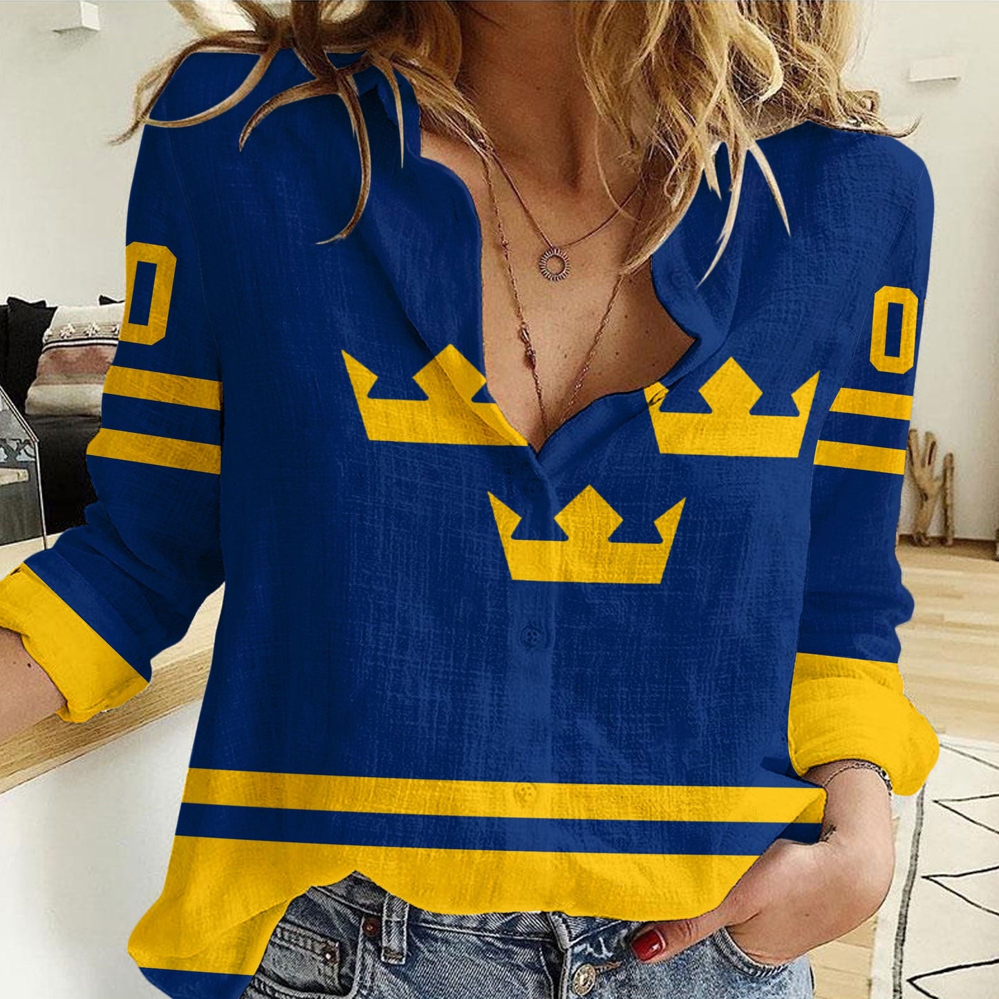 Clothing Custom Sweden Team Hockey Jersey Style Blue Version Women Casual Shirt