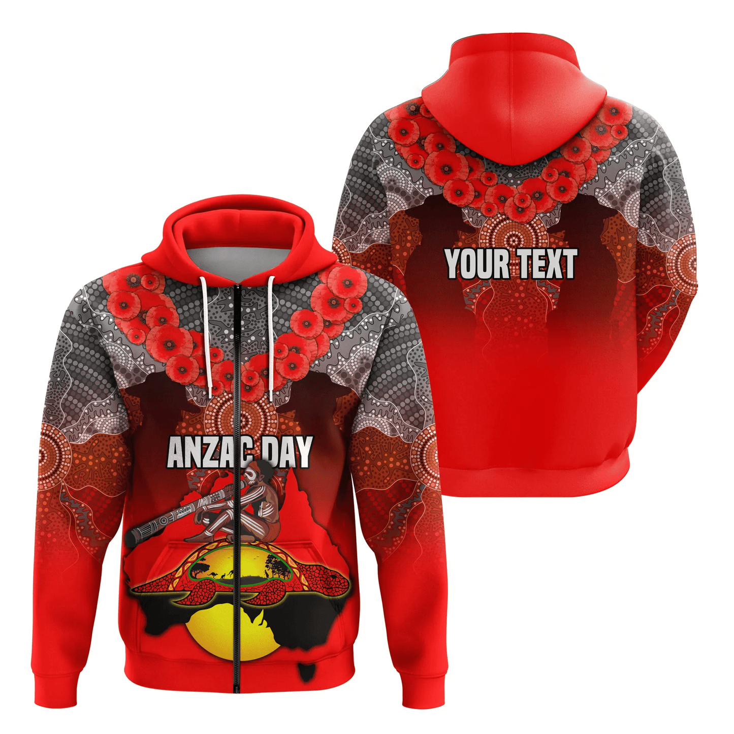Custom Personalised Australian Anzac Day Zip Hoodie Indigenous Flag Style