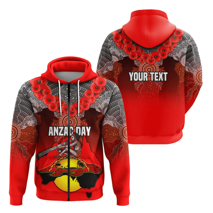 Custom Personalised Australian Anzac Day Zip Hoodie Indigenous Flag Style