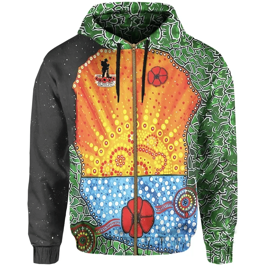 Aboriginal Australian Anzac Day Zip Up Hoodie Lest We Forget Poppy