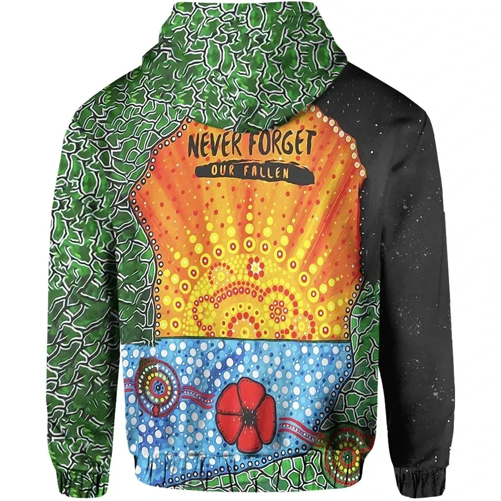 Aboriginal Australian Anzac Day Zip Up Hoodie Lest We Forget Poppy