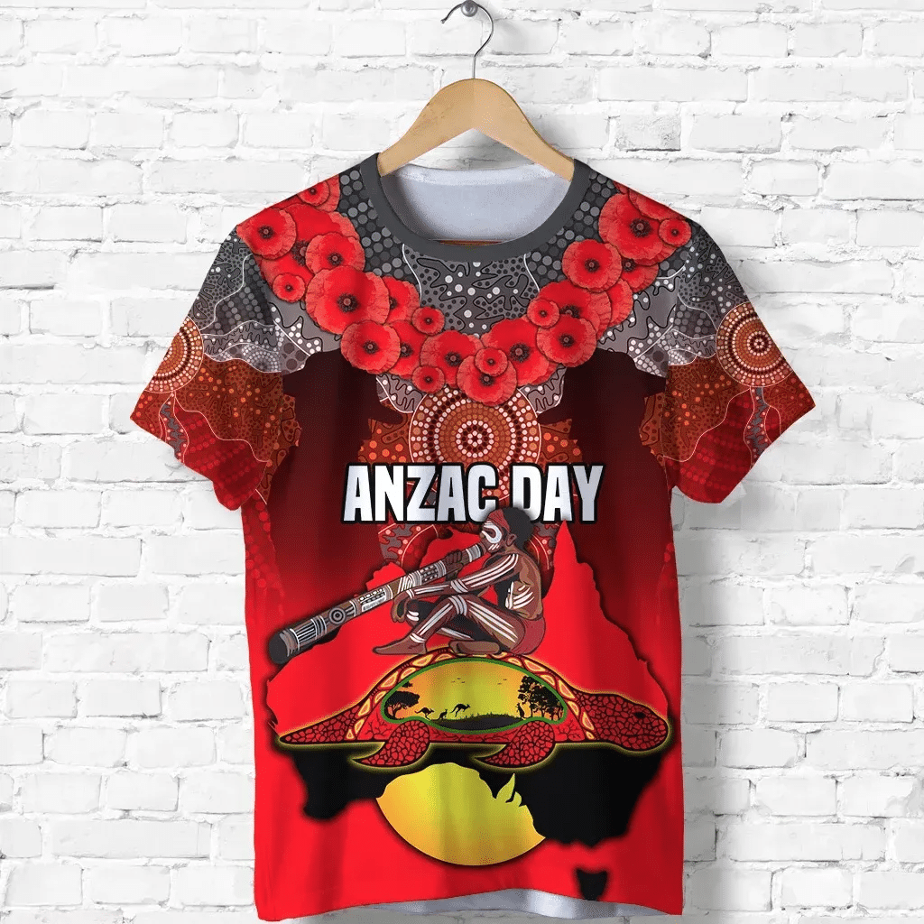 Australian Anzac Day T Shirt Indigenous Flag Style