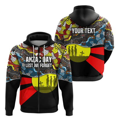 Custom Personalised Australian Anzac Day Zip Hoodie Aboriginal Sun Style