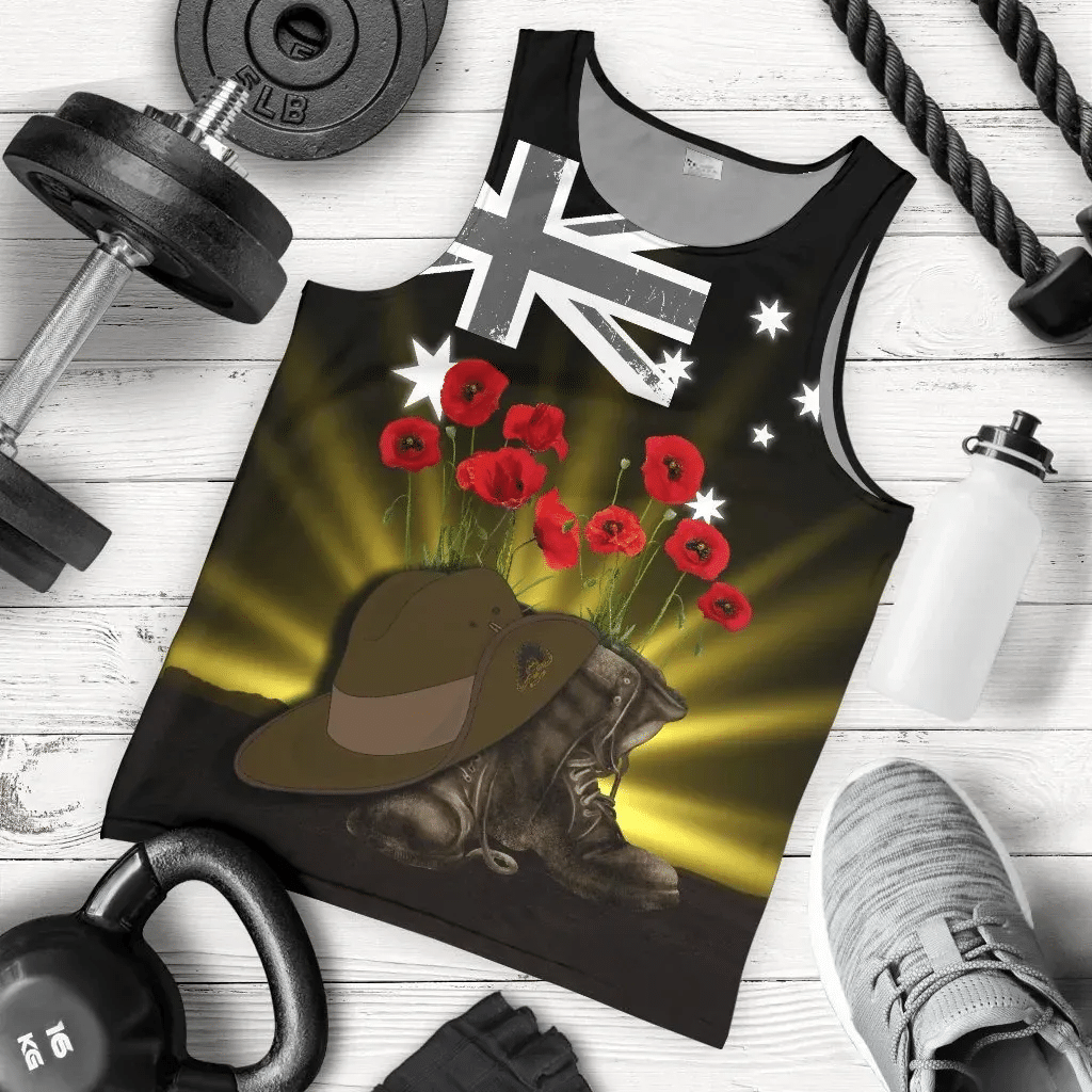 Australia Anzac Day Men's Tank Top Lest We Forget Hat And Boots Poppies
